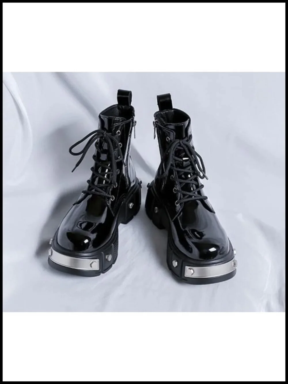 Men's Lace Up Platform Motorcycle Boots Patent Leather Ankle Boots with Side